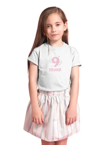Kinder T-Shirt 9. Geburtstag mit Wunschname und Alter | Design Engel | Personalisiert | Kinder Geschenk Ich Bin jetzt 9 | Baumwolle - Fair Trade | Kurzarm | Weiß