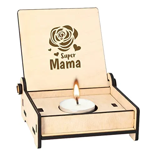 Teelicht-Box aus Holz mit Gravur Super Mama mit Rose