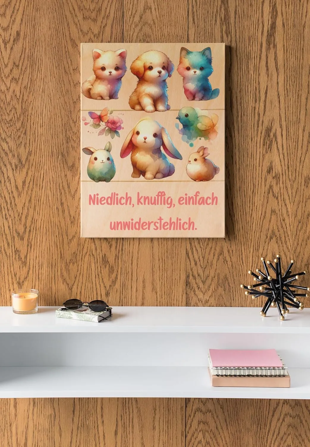 Personalisierte Birkenholz-Fototafel - Romantische Wasserfarben Tiere