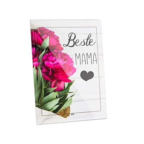 Personalisierter Echtglas Foto-Aufsteller Rosen zum Muttertag - Glasklar Polierte Kanten, 4mm Stärke, Stabile Standhalterung, Ideal für Muttertag, 12 x 17 cm
