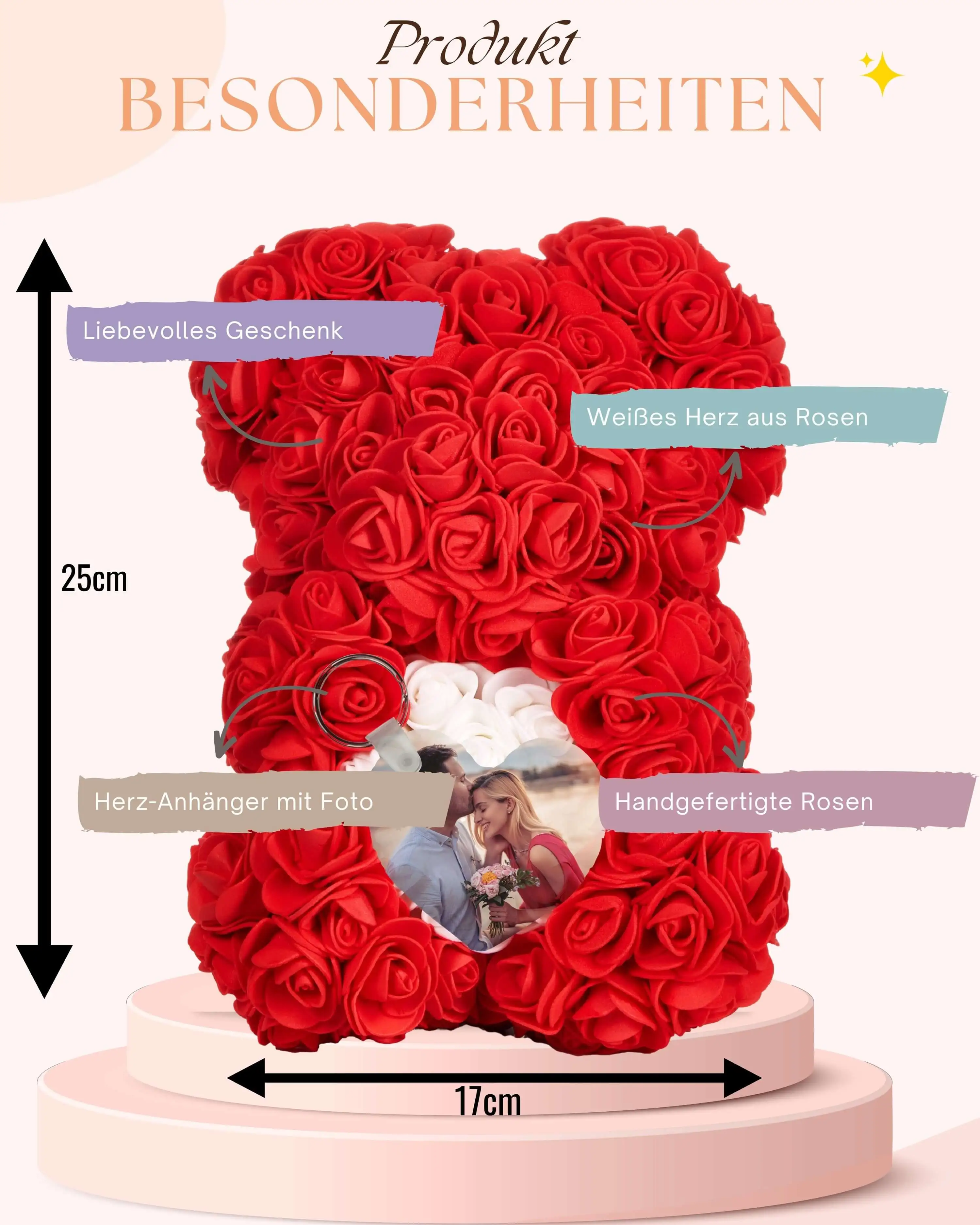 Personalisierter Rosenbär mit Fotoanhänger