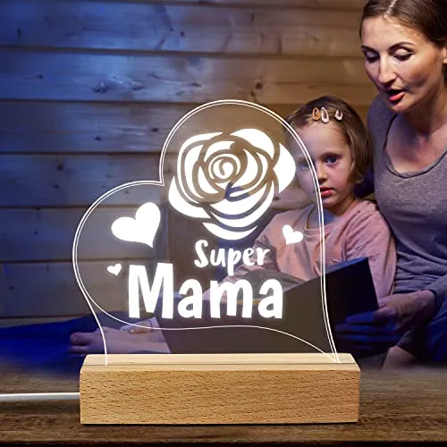 LED mit Holzsockel mit Spruch Super Mama mit Rose