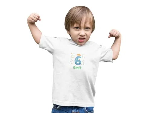 Kinder T-Shirt 6. Geburtstag mit Wunschname und Alter | Design Krone | Personalisiert | Kinder Geschenk Ich Bin jetzt 6 | Baumwolle - Fair Trade | Kurzarm | Weiß