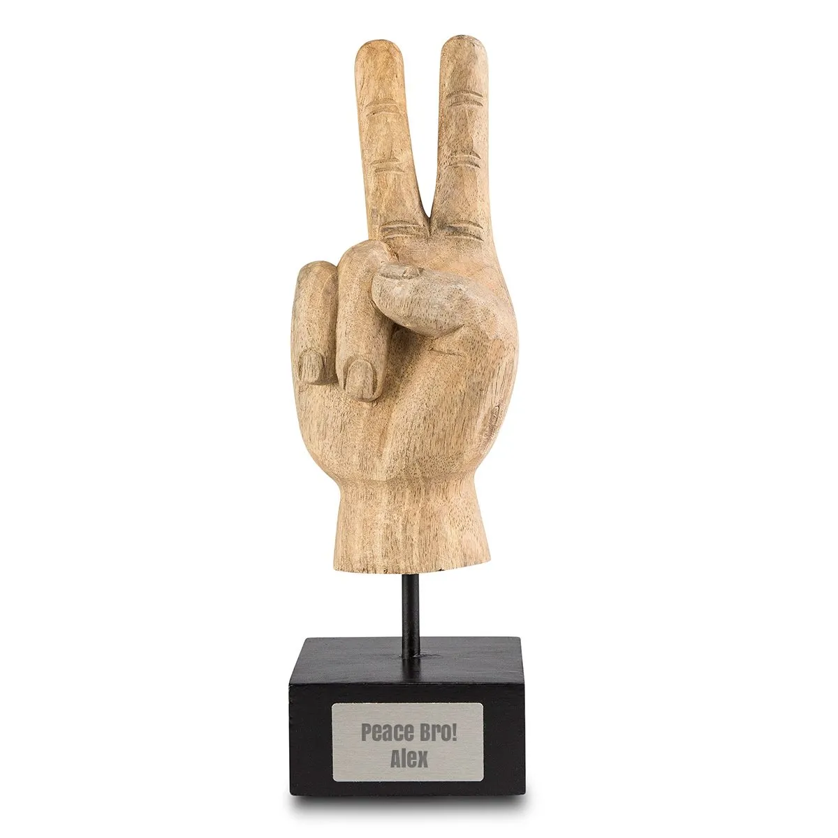 Holztrophäe Peace-Handzeichen mit Gravur
