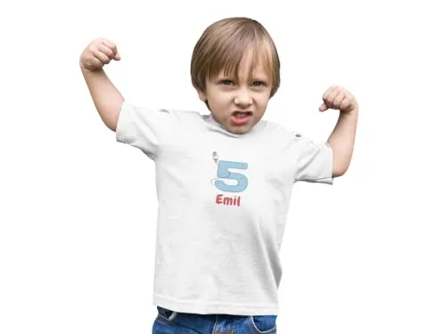 Kinder T-Shirt 5. Geburtstag mit Wunschname und Alter | Design Rakete | Baumwolle - Fair Trade | Kurzarm | Weiß