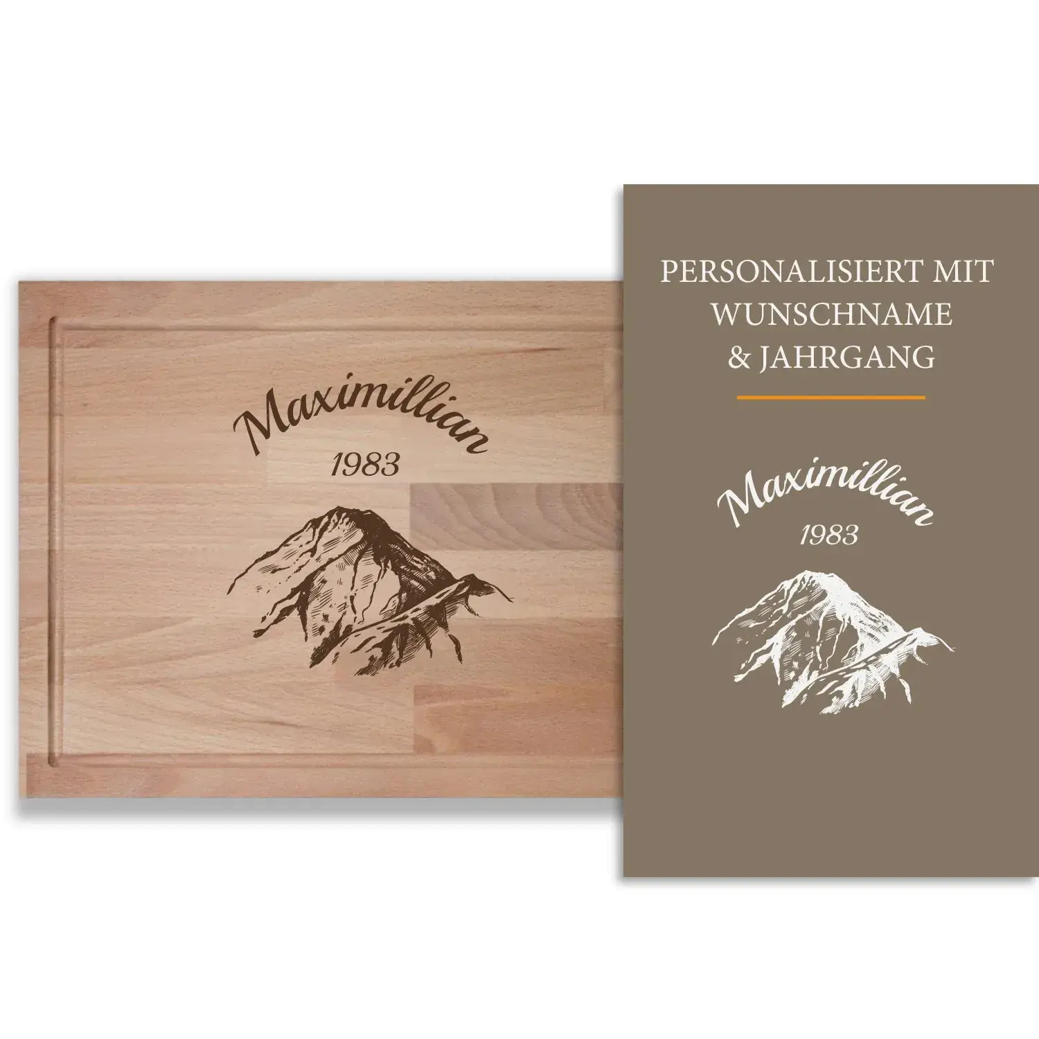 Holz-Schneidebrett mit Gravur Alpen Design| Personalisiertes Schneidebrett mit Wunsch-Name | Geschenk Brett selbst gestalten