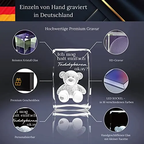 3D LED-Glas mit Gravur KUSCHELBÄR I Beziehungs-Geschenk für den Partner