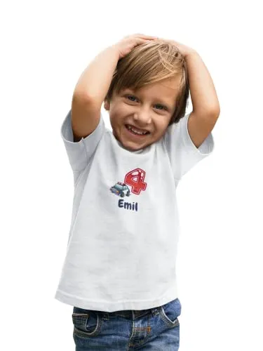 Kinder T-Shirt 4. Geburtstag mit Wunschname und Alter | Design Polizei | Baumwolle - Fair Trade | Kurzarm | Weiß