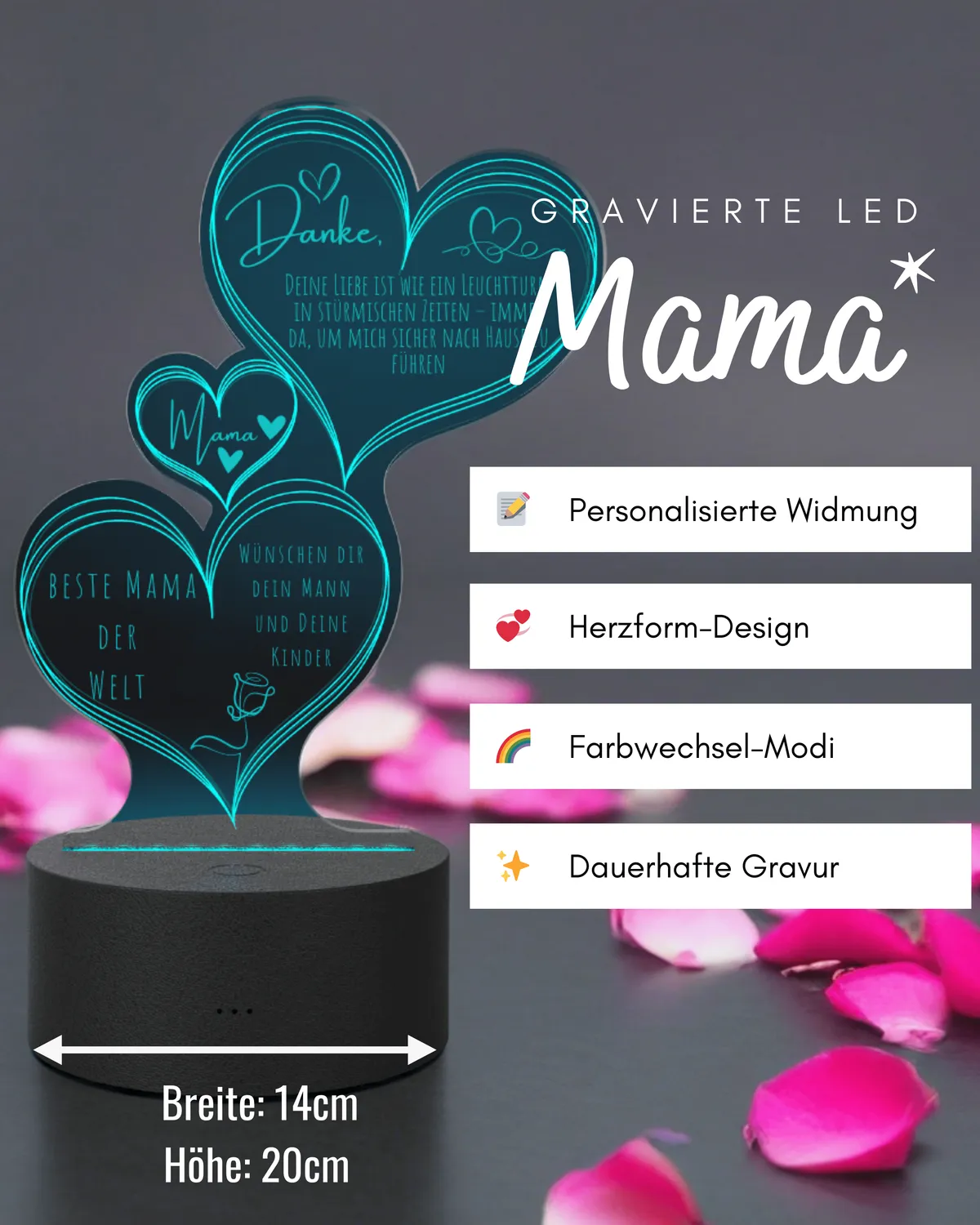 Personalisiertes Muttertags-Nachtlicht mit Herzgravur 