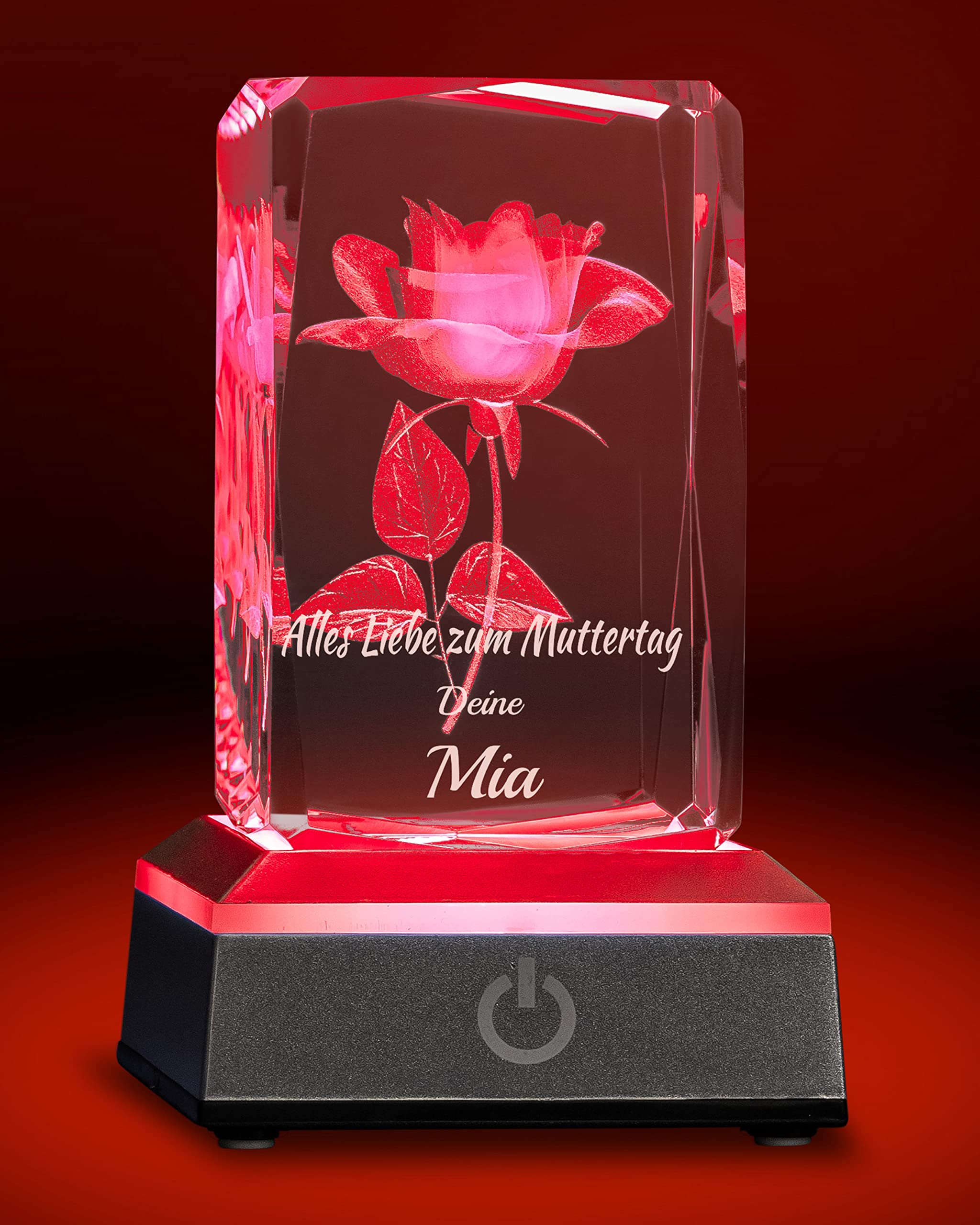 Personalisierte 3D Rose im Glas mit LED Leuchtsockel