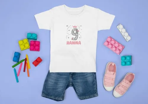 Kinder T-Shirt 9. Geburtstag mit Wunschname und Alter | Design Krone | Mädchen