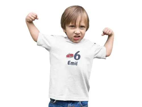 Kinder T-Shirt 6. Geburtstag mit Wunschname und Alter | Design Feuerwehr | Baumwolle - Fair Trade | Kurzarm | Weiß