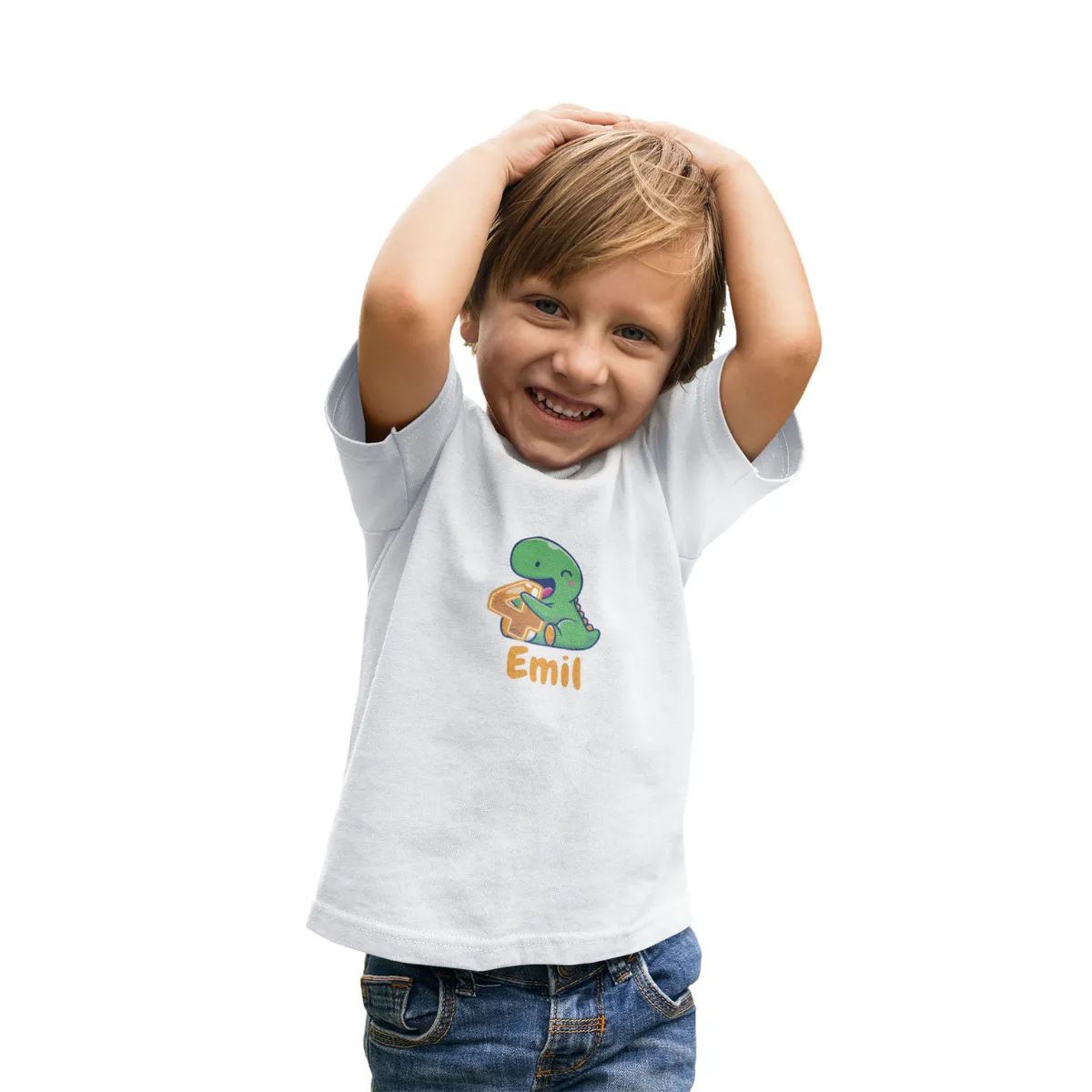 Kinder T-Shirt 4. Geburtstag mit Wunschname und Alter | Design Dino | Personalisiert | Kinder Geschenk Ich Bin jetzt 4 | Baumwolle - Fair Trade | Kurzarm | Weiß