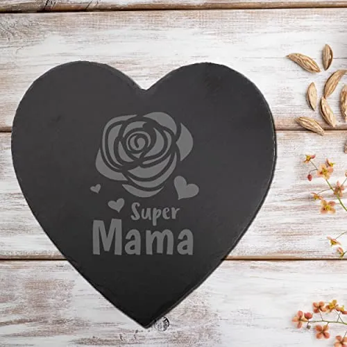Schieferplatte mit Gravur Super Mama mit Rose