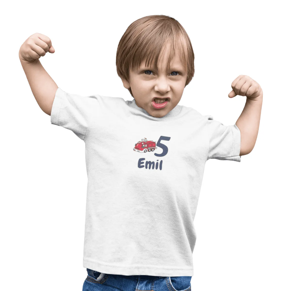 Kinder T-Shirt 5. Geburtstag mit Wunschname und Alter | Design Feuerwehr| Baumwolle - Fair Trade | Kurzarm | Weiß