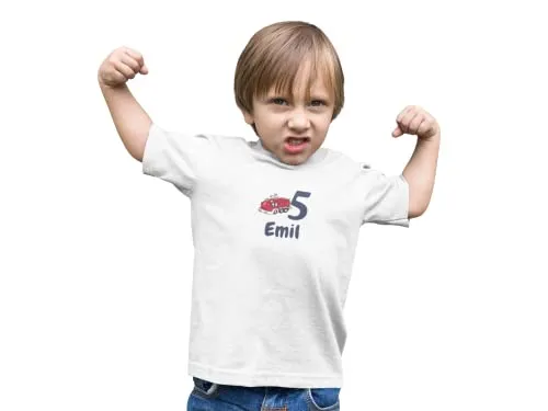 Kinder T-Shirt 5. Geburtstag mit Wunschname und Alter | Design Feuerwehr| Baumwolle - Fair Trade | Kurzarm | Weiß