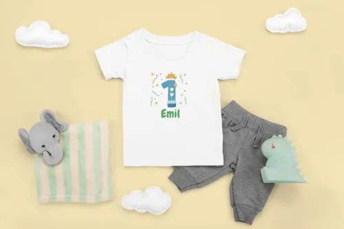 Kinder T-Shirt 1. Geburtstag mit Wunschname und Alter | Design Krone | Personalisiert | Baby Geschenk Ich Bin jetzt 1 | Baumwolle | Kurzarm | Weiß