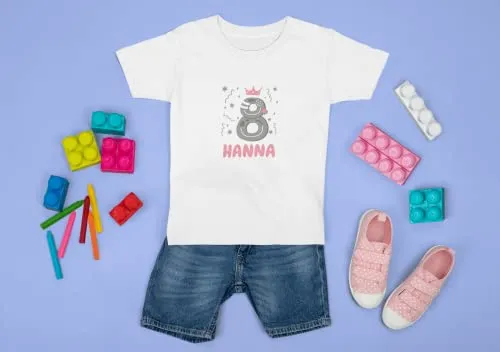Kinder T-Shirt 8. Geburtstag mit Wunschname und Alter | Design Krone | Mädchen