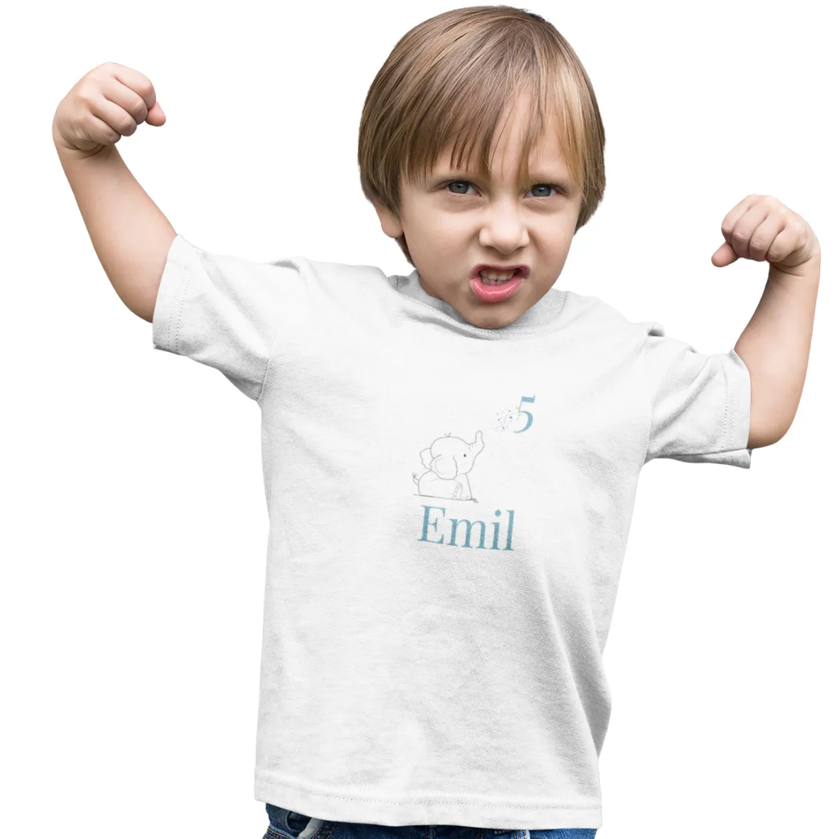 Kinder T-Shirt 5. Geburtstag mit Wunschname und Alter | Design Elefant | Baumwolle - Fair Trade | Kurzarm | Weiß