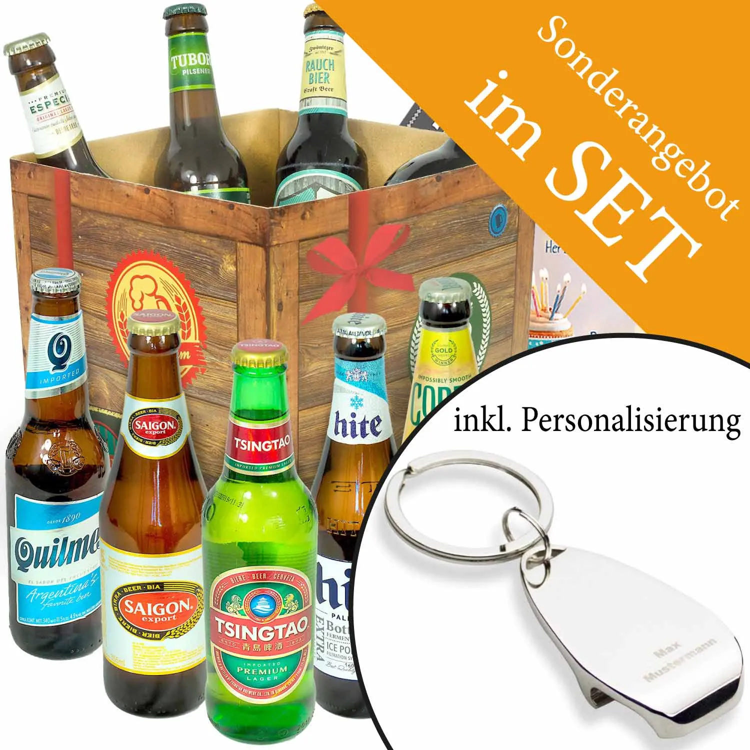 Vorteilspaket Bierweltreise und Gravierter Schlüsselanhänger mit Flaschenöffner 10-teilig