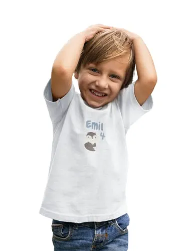 Kinder T-Shirt 4. Geburtstag mit Wunschname und Alter | Design Fuchs | Baumwolle - Fair Trade | Kurzarm | Weiß