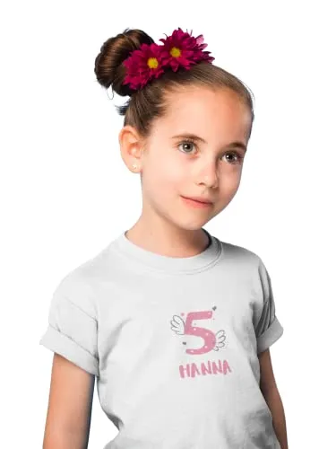 Kinder T-Shirt 5. Geburtstag mit Wunschname und Alter | Design Engel | Personalisiert | Kinder Geschenk Ich Bin jetzt 5 | Baumwolle - Fair Trade | Kurzarm | Weiß