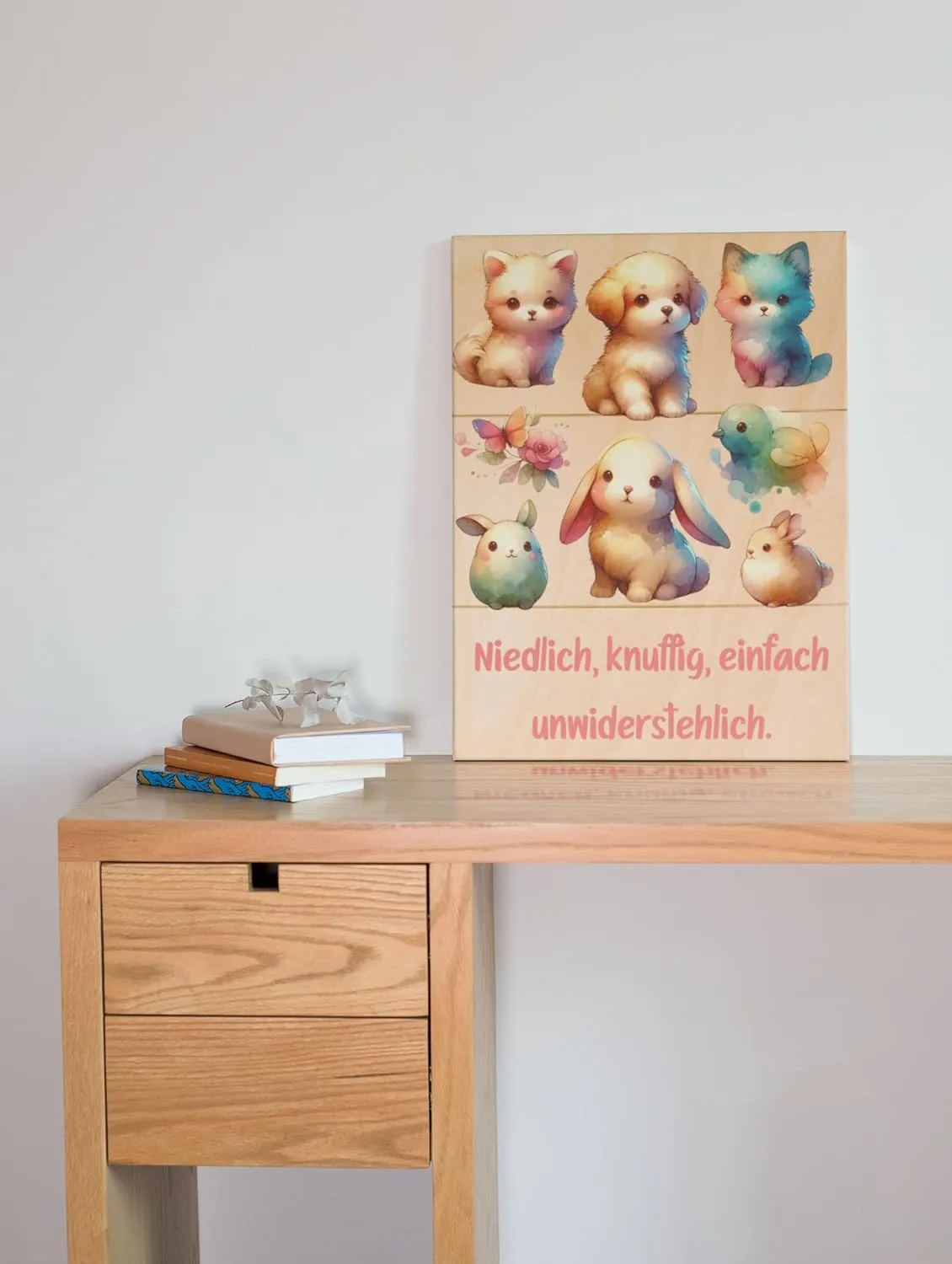 Personalisierte Birkenholz-Fototafel - Romantische Wasserfarben Tiere