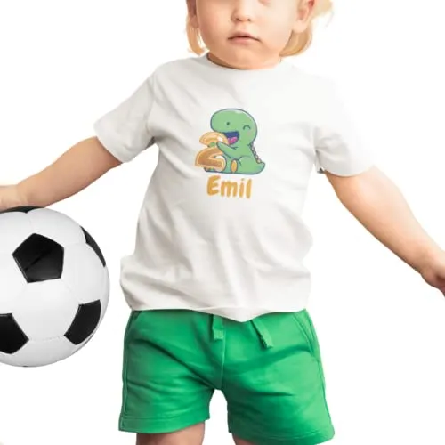 Kinder T-Shirt 2. Geburtstag mit Wunschname und Alter | Design Dino | Personalisiert | Baby Geschenk Ich Bin jetzt 2 | Baumwolle - Fair Trade | Kurzarm | Weiß