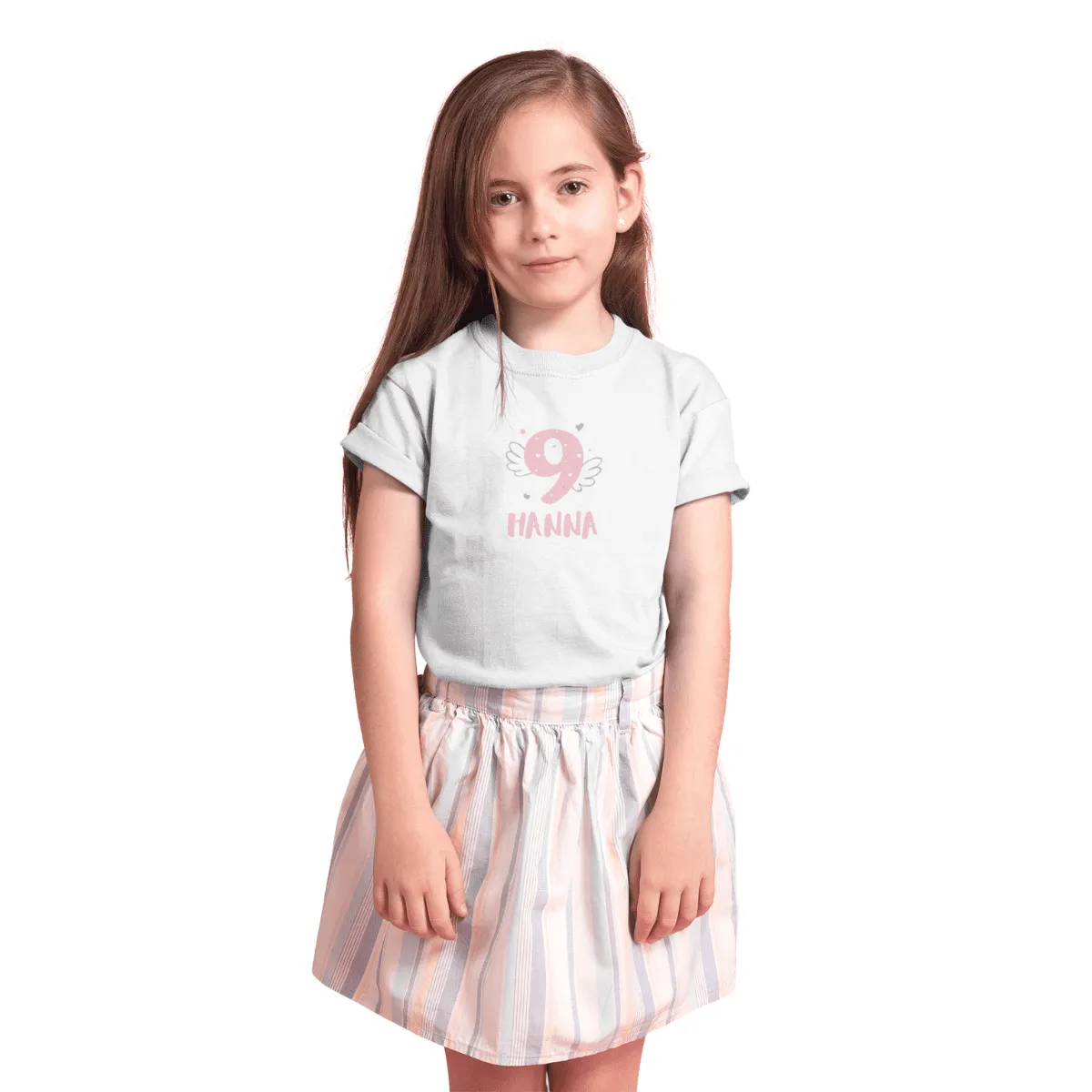 Kinder T-Shirt 9. Geburtstag mit Wunschname und Alter | Design Engel | Personalisiert | Kinder Geschenk Ich Bin jetzt 9 | Baumwolle - Fair Trade | Kurzarm | Weiß