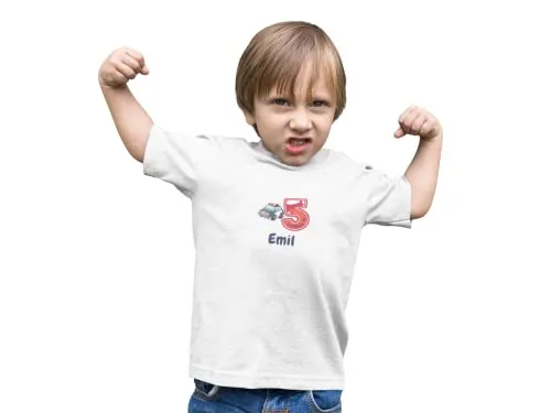 Kinder T-Shirt 5. Geburtstag mit Wunschname und Alter | Design Polizei | Baumwolle - Fair Trade | Kurzarm | Weiß