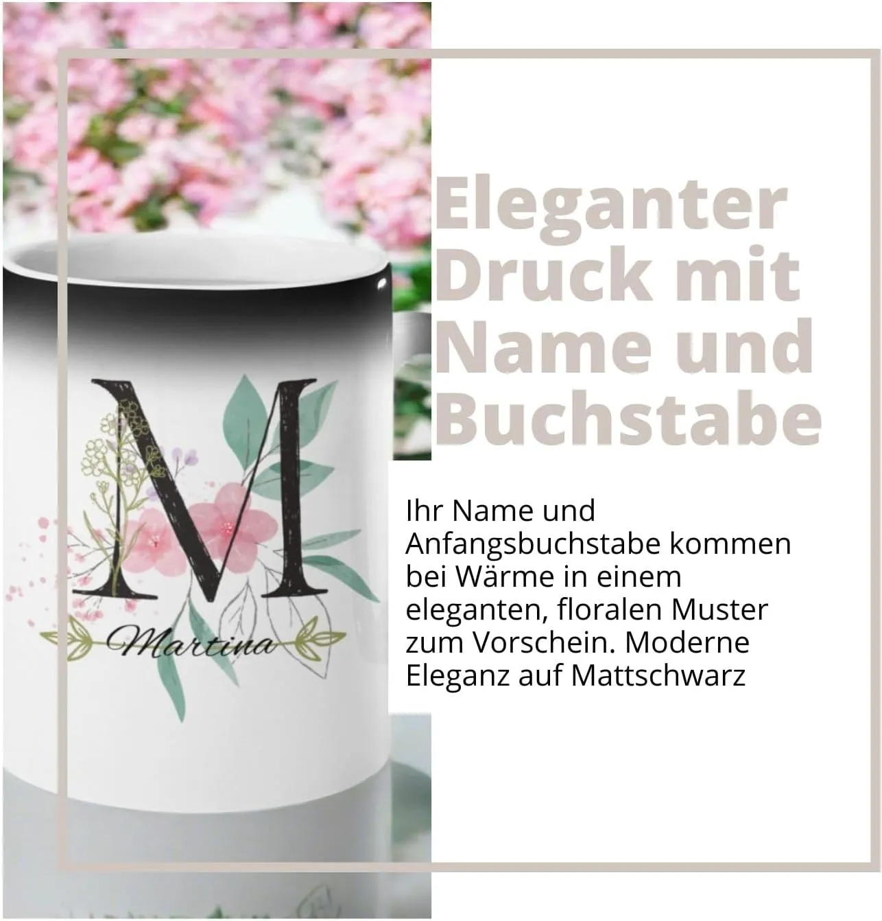 Personalisierte Zaubertasse mit Name und Buchstabe – Florales Design in Mattschwarz