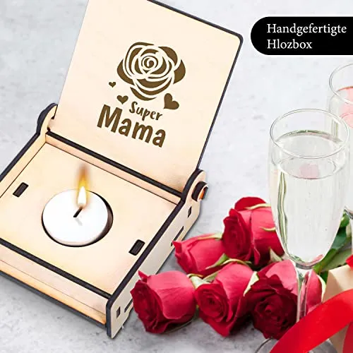 Teelicht-Box aus Holz mit Gravur Super Mama mit Rose