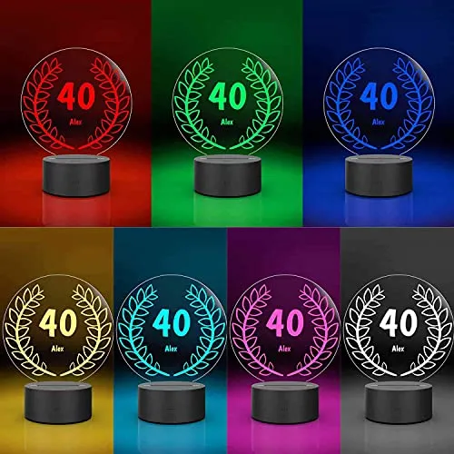 Personalisierte LED-Leuchte | 40. Geburtstag mit Namen-Gravur | Deko-Licht personalisiert LED-Anker mit 7 Farben - Leuchtsockel