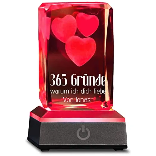 3D 3 Herzen im Glas Valentinstag 365 Gründe warum ich dich liebe von Name - Glas + Schatztruhe