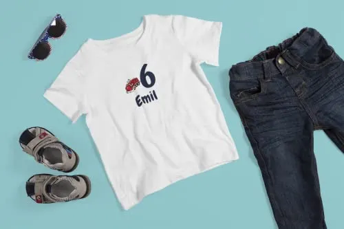 Kinder T-Shirt 6. Geburtstag mit Wunschname und Alter | Design Feuerwehr | Baumwolle - Fair Trade | Kurzarm | Weiß