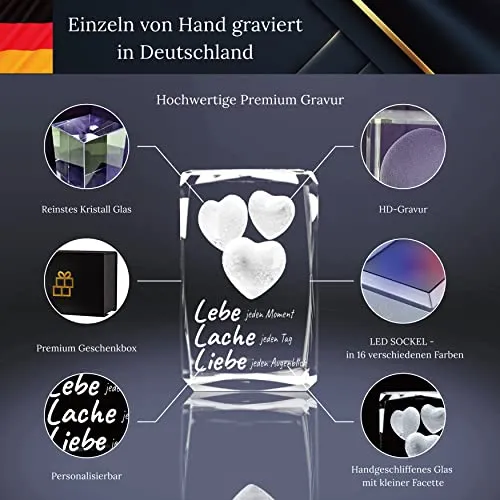 3D LED-Glas mit Gravur LIVE, Laugh, Love I Beziehungs-Geschenk für den Partner